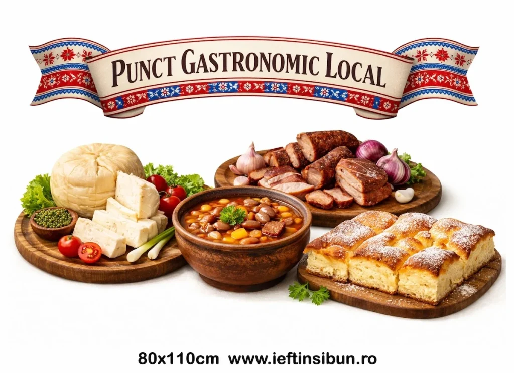 Banner personalizat Punct Gastronomic Local Transilvania, banner publicitar exterior interior, culori vii