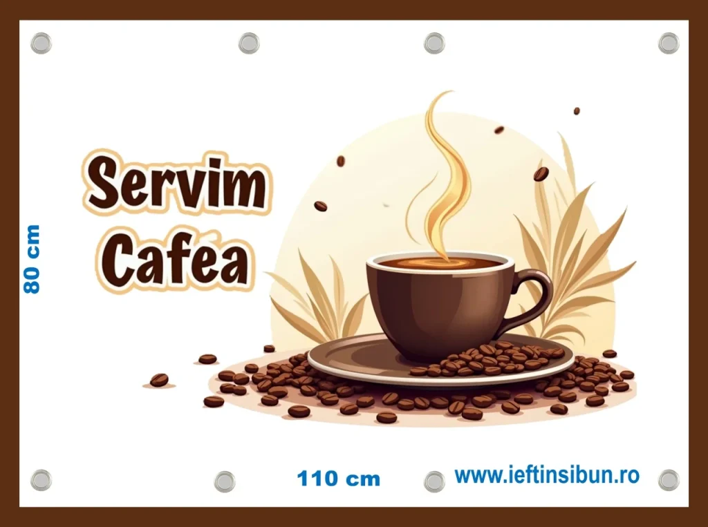 Banner personalizat Servim Cafea pentru cafenea, banner publicitar exterior interior, culori vii