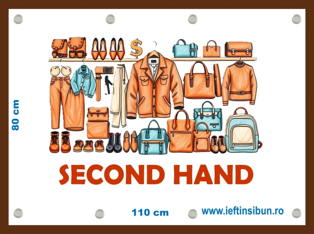 Banner personalizat Second Hand pentru magazin haine, banner publicitar exterior interior, culori vii
